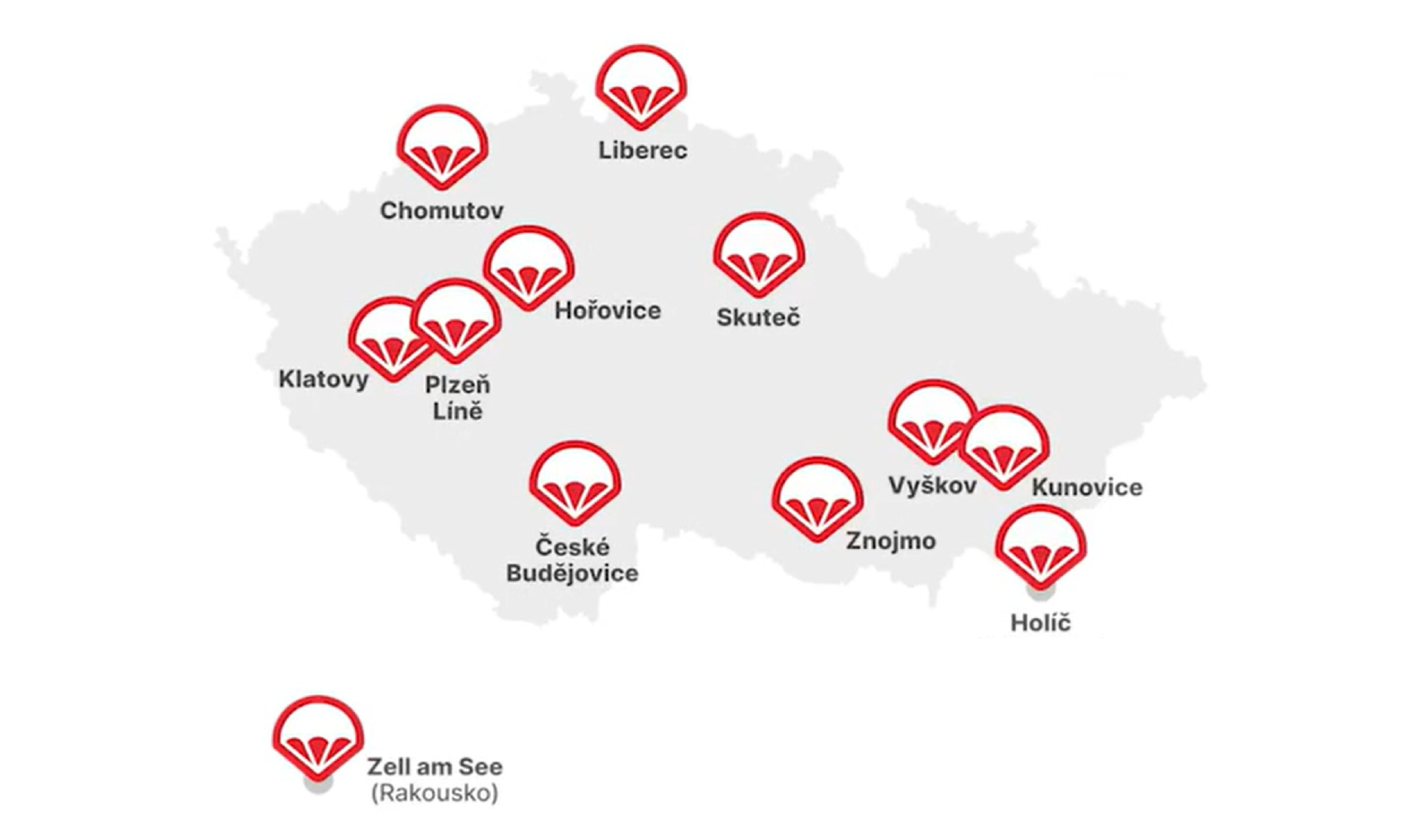 Mapa letišť volnýpád.cz – ČR a Rakousko
